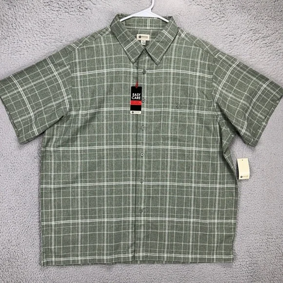 Haggar Mens Button Up Shirt 2XL Green White Plaid Short Sleeve